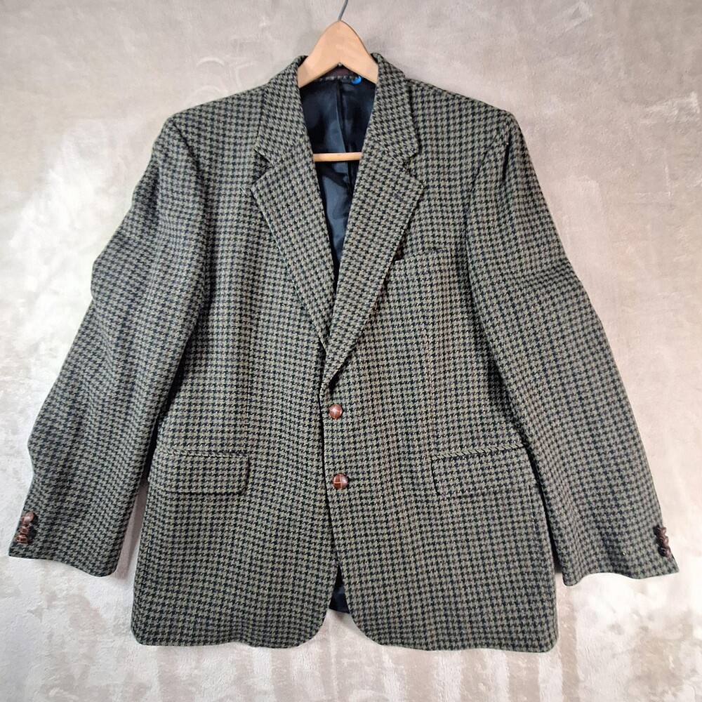 English Manor Blazer Sport Coat Mens 42R Green Houndstooth Tweed Two Button